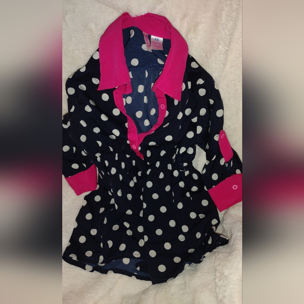 Japna Kids Girls Size 5/6 Navy/Pink with White Polka Dots Top